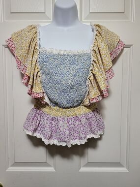 Stellah Blue Smocked Floral Ruffle BOHO Top with Yellow and Lavender Panels